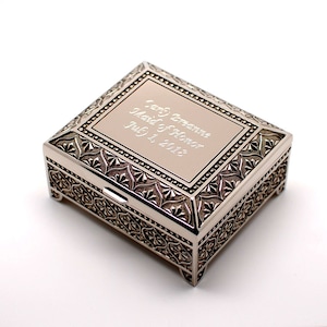 Personalized 4 Inch Antique Jewelry box Metal Surface Engraved with text image 1