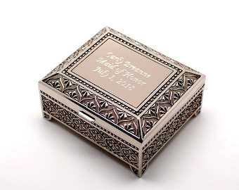 Personalized 4 Inch Antique Jewelry box - Metal Surface Engraved with text