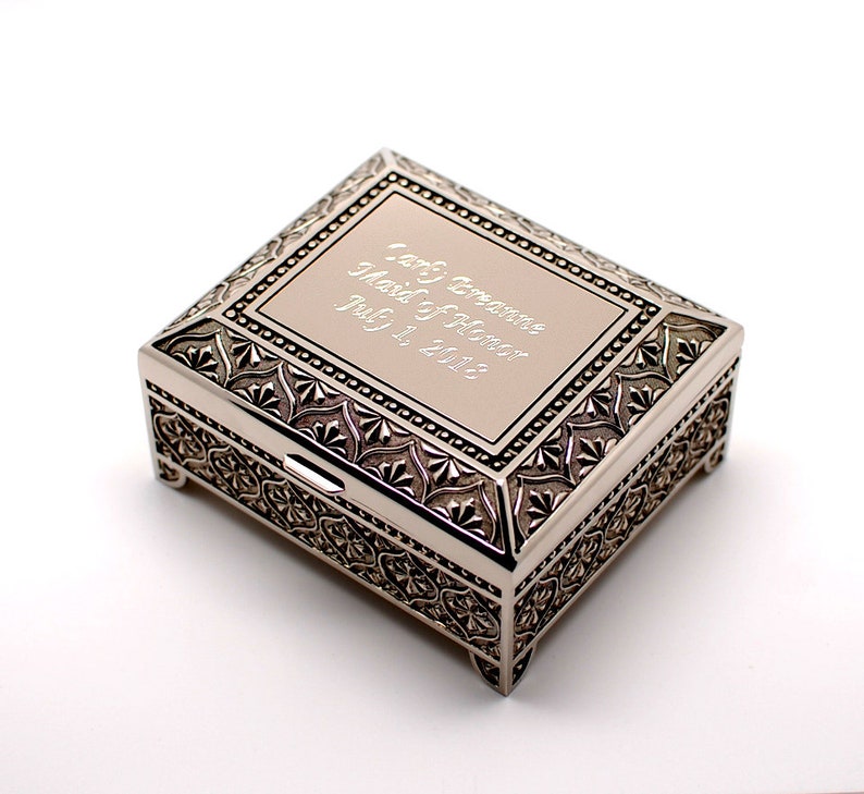 Personalized 4 Inch Antique Jewelry box Metal Surface Engraved with text image 1