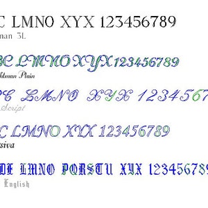 May include: A comparison of different font styles, including Roman 3L, Rechtman Plain, NH Script, Corsiva, and Old English. The fonts are shown with the alphabet and numbers 1 through 9.
