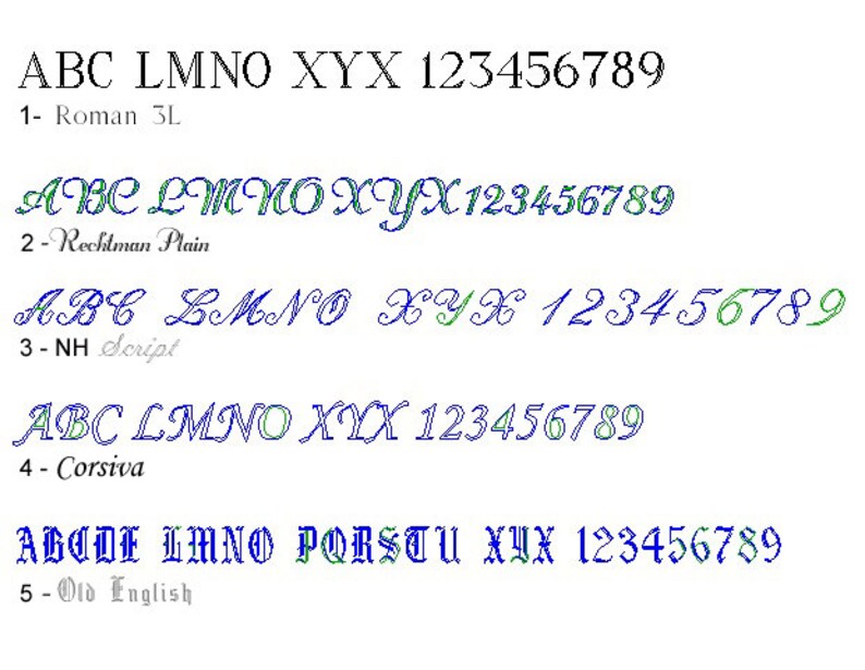 May include: A comparison of different font styles, including Roman 3L, Rechtman Plain, NH Script, Corsiva, and Old English. The fonts are shown with the alphabet and numbers 1 through 9.