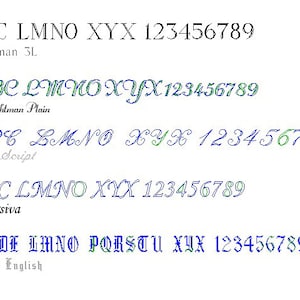 May include: A comparison of different font styles, including Roman 3L, Rechtman Plain, NH Script, Corsiva, and Old English. The fonts are shown with the alphabet and numbers 1 through 9.