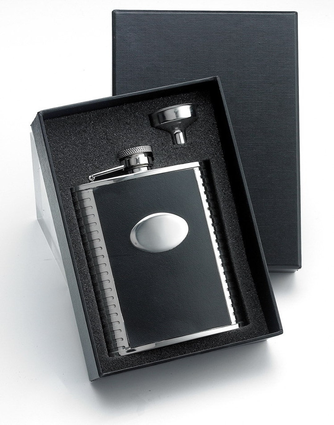 Monogram Black Leather Flask Gift Set Personalized Liquor Flask Best Man Groomsmen Gift Engraved ...