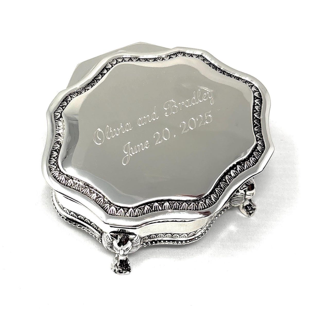 Personalized Silver Plated Victorian Jewelry Box - With Anna Cherry and Wedding Date