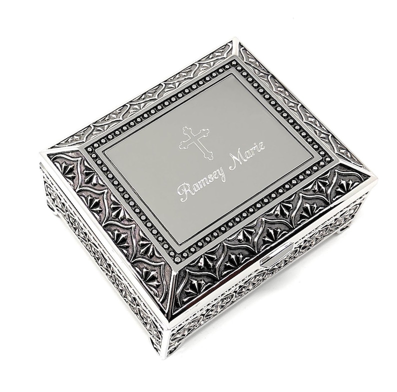 Personalized 4 Inch Antique Jewelry box - Metal Surface Engraved with text image 8