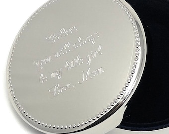 Personalized jewelry box Engraved with 3 lines of text. modern round design, flower girl gift, bridesmaids gift