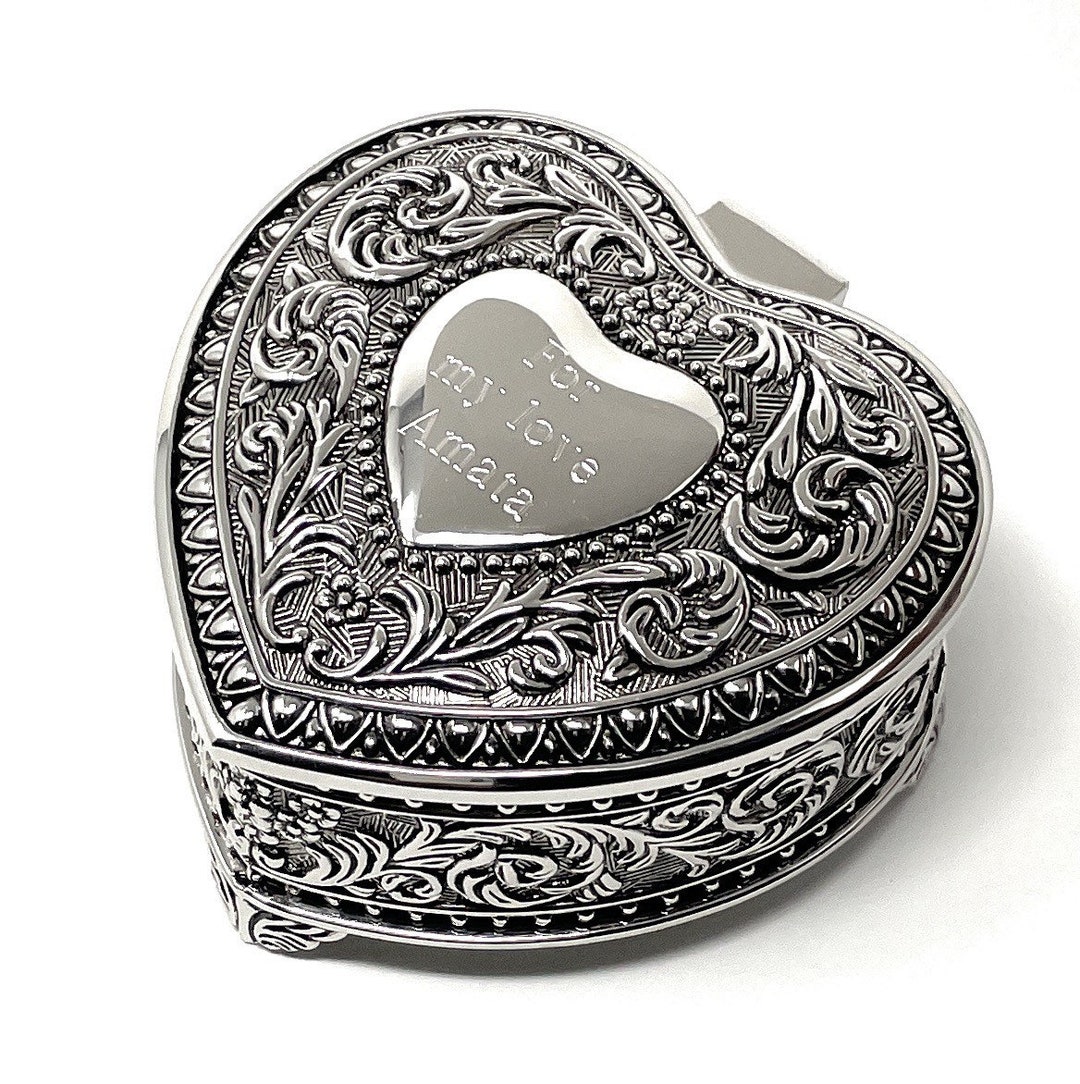 Personalized Jewelry Box Antique Design Heart Shaped Engraved Trinket ...