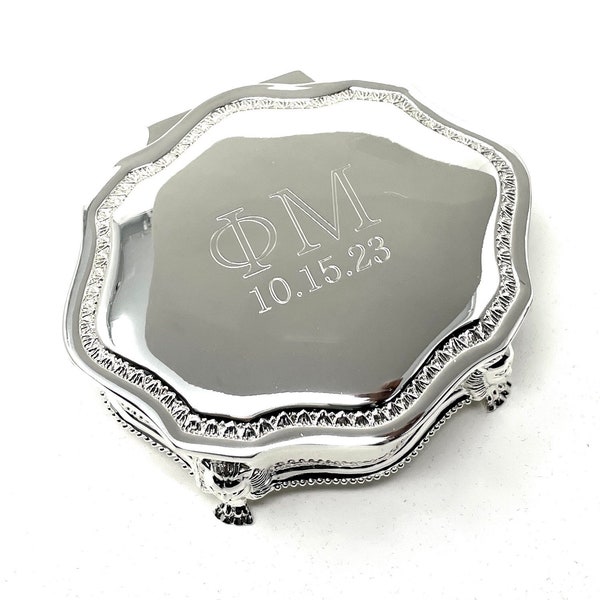 Personalized Greek Letters Sorority Graduation Silver Plated 3" jewelry box - Engraved Monogram with 3 letters and text