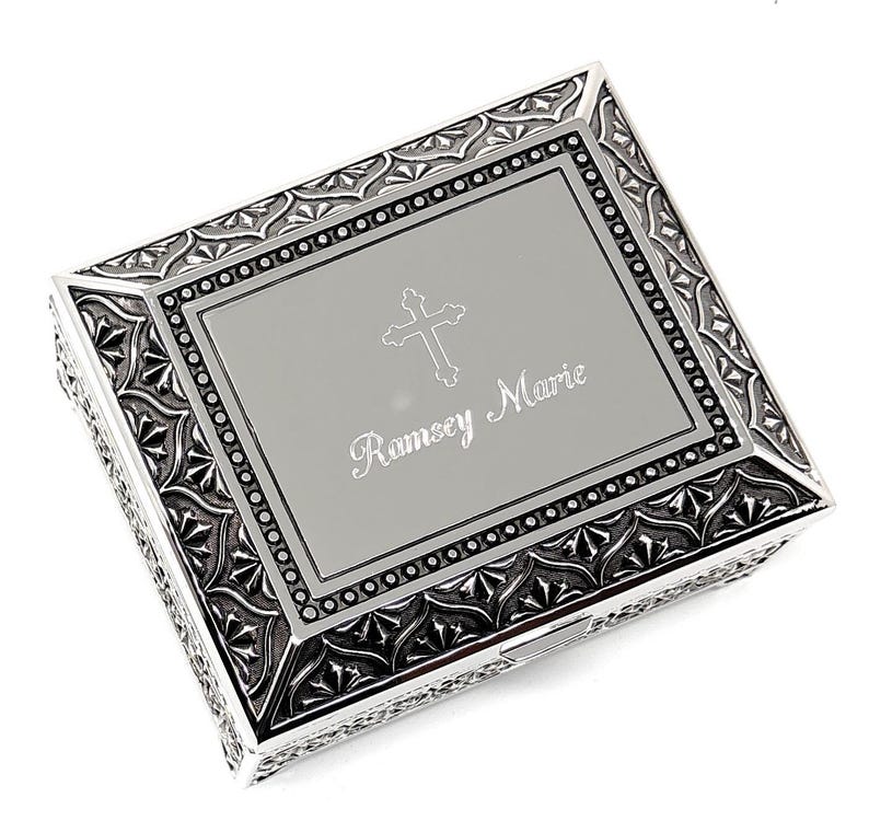 Personalized 4 Inch Antique Jewelry box - Metal Surface Engraved with text image 2