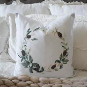 Christmas pillow cover, Christmas decor, Merry Christmas pillow, pinecone wreath, 18x18, pinecone decor
