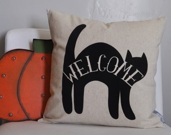 Halloween pillow, Halloween Decor, Fall pillow, welcome, black cat