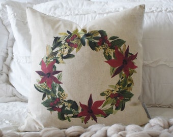 Christmas pillow cover, Christmas decor, Merry Christmas pillow, poinsettia wreath, 18x18