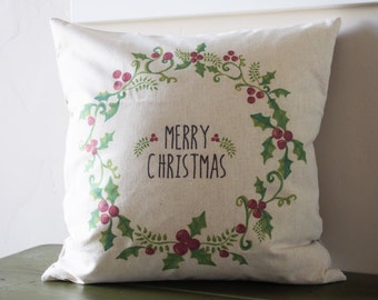 Christmas pillow cover, Christmas decor, Merry Christmas pillow, Holly Berry Pillow, 18x18