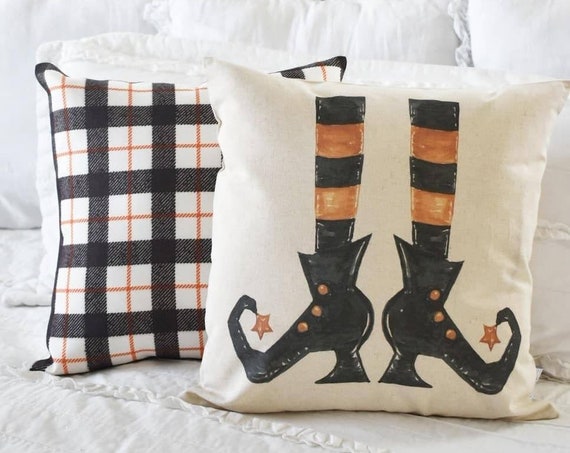 Halloween Pillow Cover, October 31 Pillow Cover, Halloween Decor, Witch shoes, fall pillow