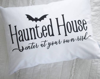 Haunted house, Fall Pillow Cover, Halloween pillow perfect for fall decor, Front porch pillow, 14x20 , enter at your own risk