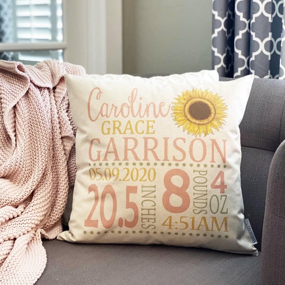 Personalized birth pillow cover, birth Announcement pillow cover, birth pillow cover, baby girl birth pillow, sunflower nursery