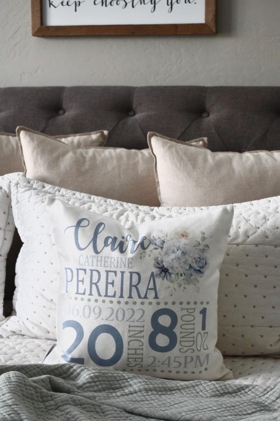 Personalized Birth Announcement Pillow Cover: Blue Floral Nursery Decor