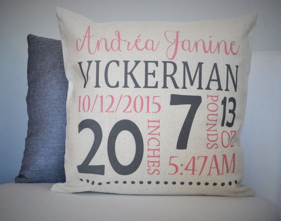 Personalized birth pillow cover, birth Announcement pillow cover, birth pillow cover, baby girl birth pillow, pink and graY