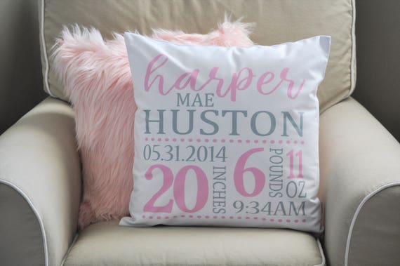 Personalized birth pillow cover, birth Announcement pillow cover, birth pillow cover, baby girl birth pillow, pink and gray