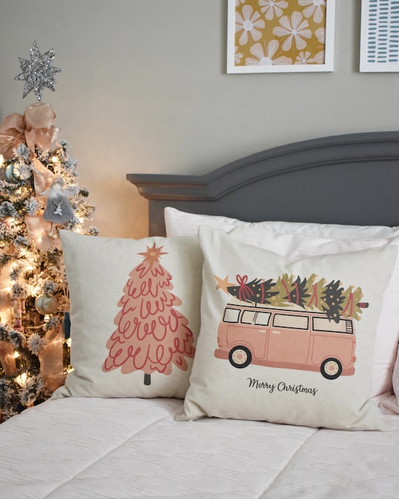 Christmas pillow cover, VDub Christmas,  Christmas pillows, Retro Christmas, Pink Christmas