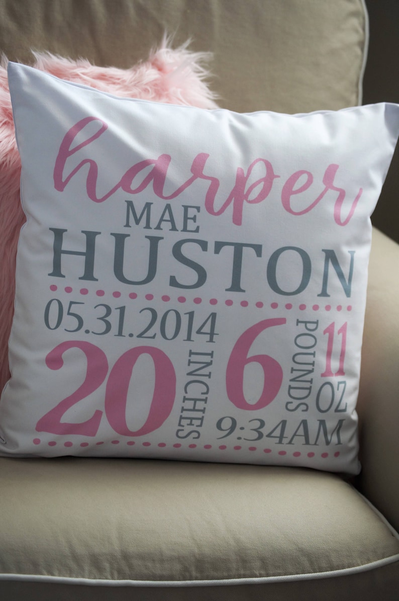 baby girl birth pillow Personalized birth pillow cover pink and gray birth pillow cover birth Announcement pillow cover