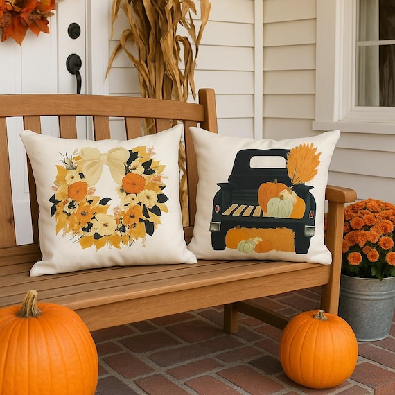 SALE- Fall Pillow Cover, fall truck pillow, Fall Decor, Front porch pillow, fall pillow, pumpkin pillow, farm fresh punpkins