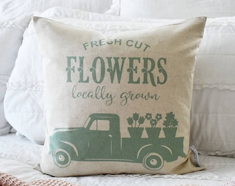 Happy Spring Pillow Cover: Linen Floral Truck Design (18x18)