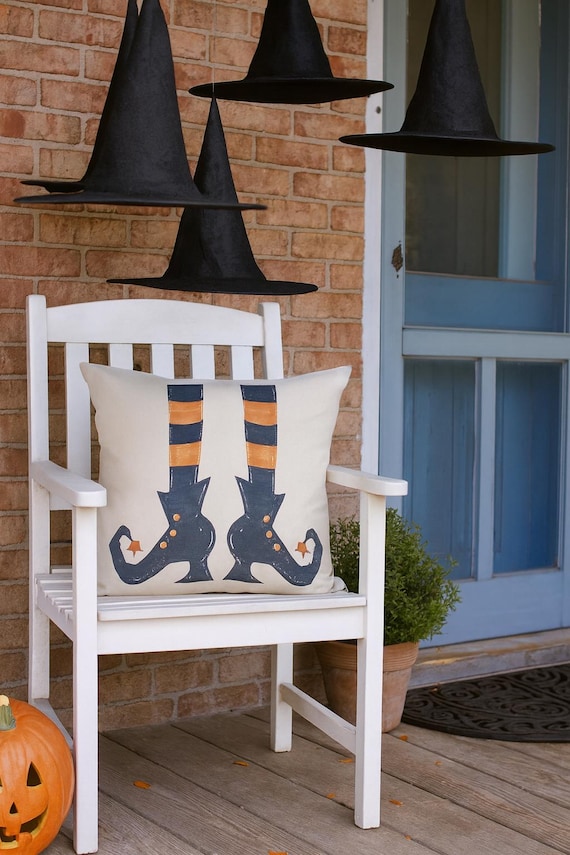 Witch Legs Halloween Pillow Cover – Black and Orange Striped Decorative Cushion, Spooky Fall Farmhouse Throw Pillow for Halloween Decor