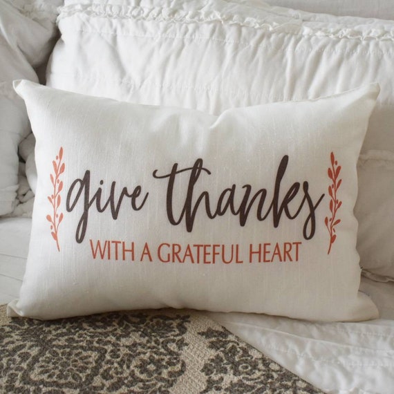 SALE-, Fall Pillow Cover, give thanks with a grateful heart, Thanksgiving pillow, Fall Decor, Front porch pillow, 14x20, fall pillow