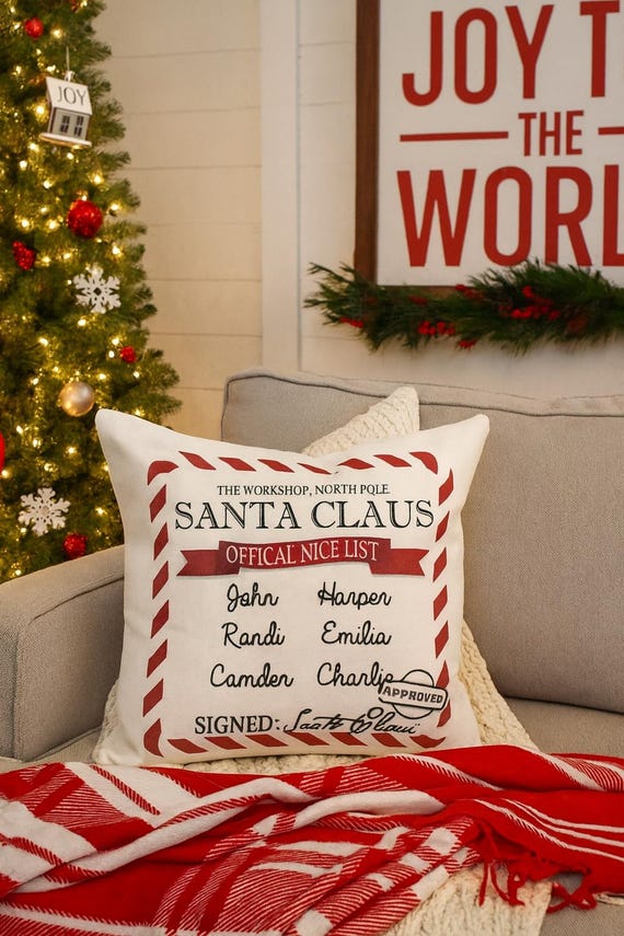 Personalized Santa Claus Nice List Pillow Cover – Custom Family Christmas Cushion – North Pole Mail Themed Decor –Santa Approved Gift