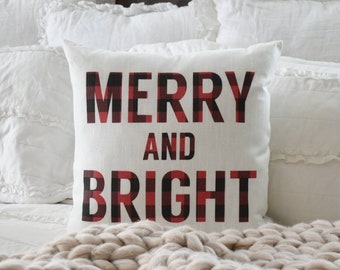 Sale- Christmas pillow cover, Merry and Bright, Christmas decor, buffalo plaid, Christmas plaid