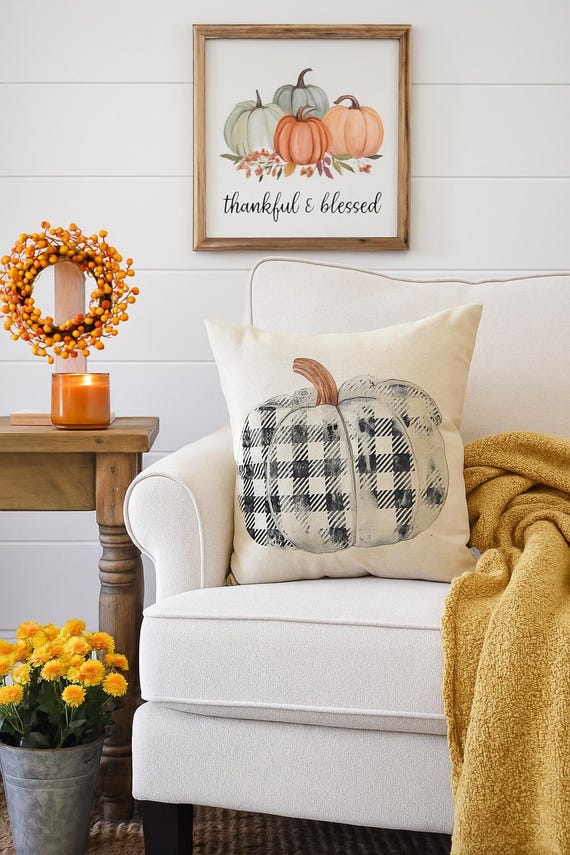 Buffalo Plaid Pumpkin Pillow Cover – Farmhouse Fall Throw Pillow, Rustic Autumn Cushion, Thanksgiving Home Decor Accent, fall pillow cover