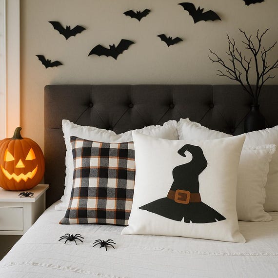 Halloween Witch Hat Pillow Cover | Farmhouse Halloween Throw Pillow | Black Plaid & Witch Hat Cushion | Spooky Fall Home Decor