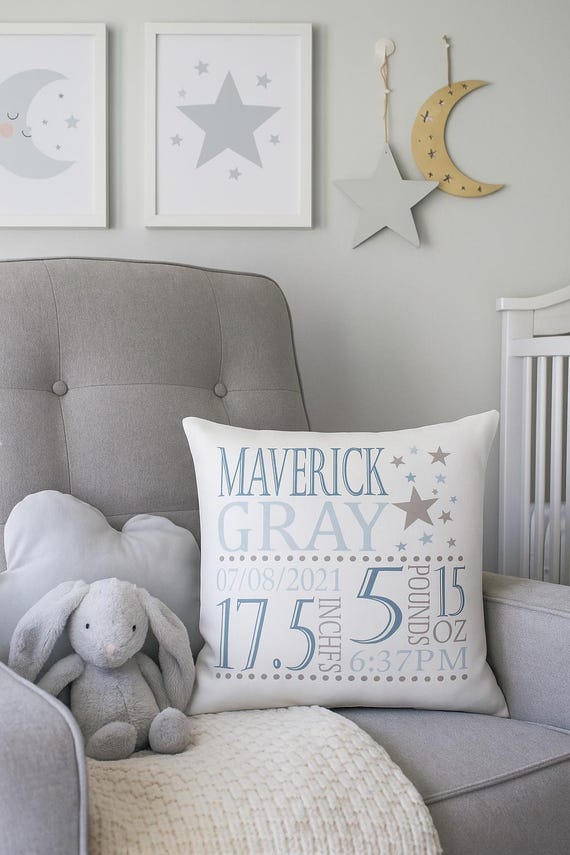 Personalized Birth Announcement Pillow Cover: Moon & Stars Nursery Decor