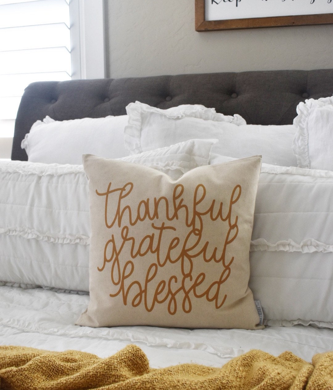 Casement Natural Grateful Thankful Blessed Pillow 18x18 - Accent Pillows -  PINE VALLEY QUILTS