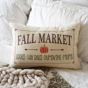Farmhouse Fall Pillow Cover: Pumpkins, Hay Bales, Autumn Decor, 12x20