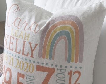 Personalized birth pillow cover, birth Announcement pillow cover, birth pillow cover, baby girl birth pillow, rainbow nursery