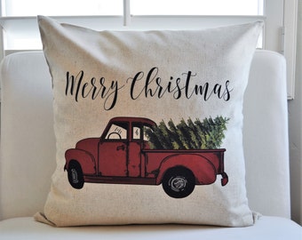 VENTE, ce week-end SEULEMENT housse d’oreiller de Noël, Noël, Arbre de Noël, Joyeux oreiller de Noël, Noël vintage, camion de Noël rouge