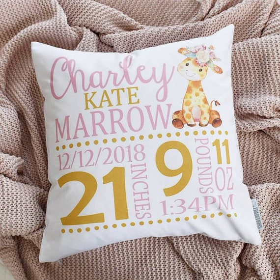 Personalized birth pillow cover, birth Announcement pillow cover, birth pillow, baby girl birth pillow, giraffe floral, giraffe nursery