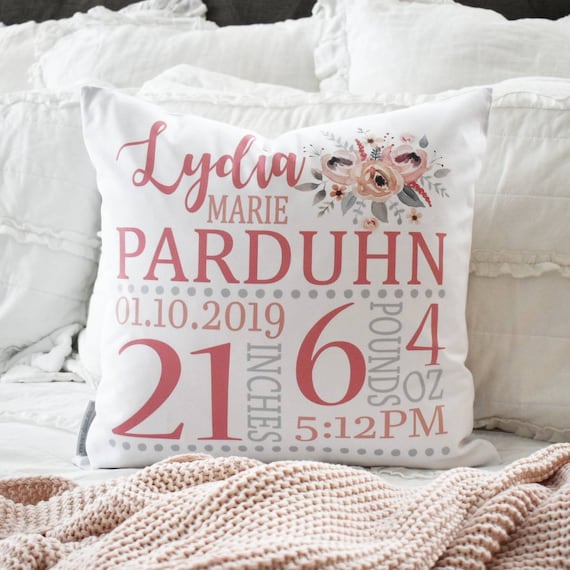 Personalized birth pillow cover, birth Announcement pillow cover, birth pillow cover, baby girl birth pillow, pink and gray