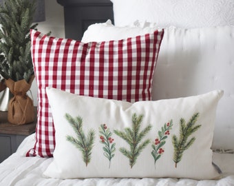 Christmas pillows, Christmas decor, pine and holly berry, Vintage christmas, farmhouse Christmas, christmas botanicals