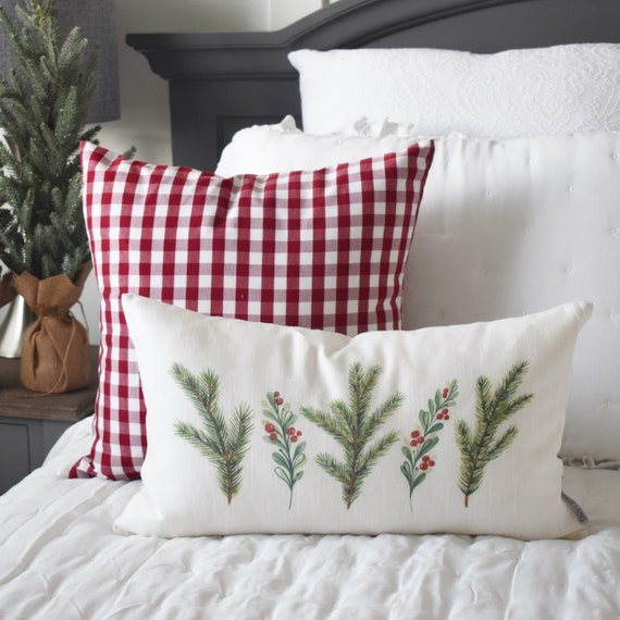 Christmas pillows, Christmas decor, pine and holly berry, Vintage christmas, farmhouse Christmas, christmas botanicals