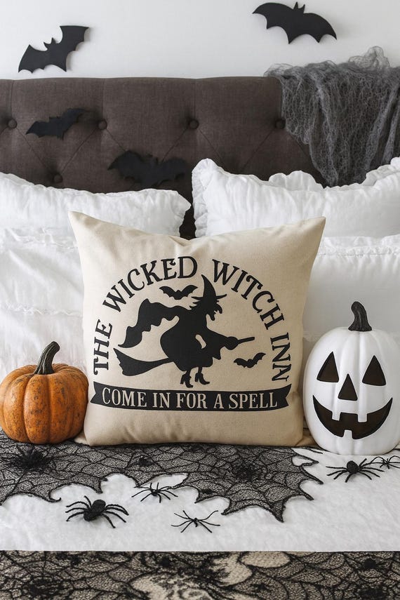 Wicked Witch Halloween Pillow Cover – Spooky Witch Throw Pillow, Black and Beige Farmhouse Cushion, Fall Decorative Accent,  Halloween Decor