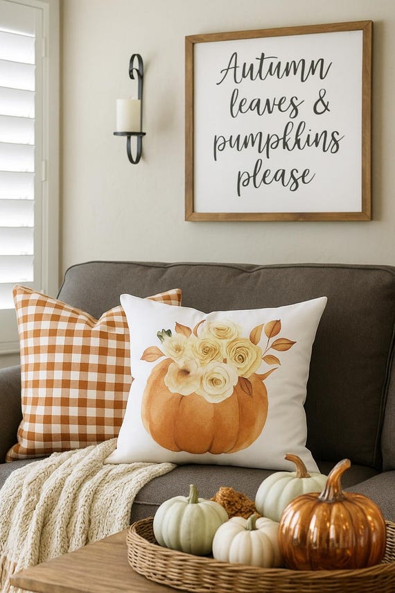 Pumpkin Floral Pillow Cover – Fall Farmhouse Throw Pillow, Rustic Autumn Cushion, Thanksgiving Home Decor Accent