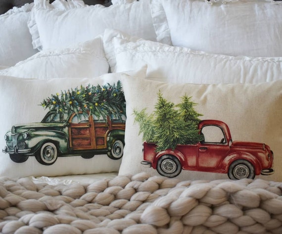 Christmas pillow cover, Christmas, Christmas Tree, Vintage christmas,  red Christmas truck, Christmas Car