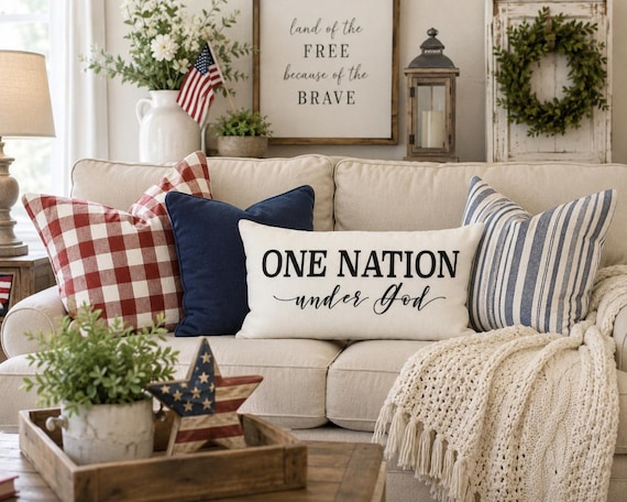 Americana Pillow Cover: One Nation Under God, Patriotic Decor (14x20)