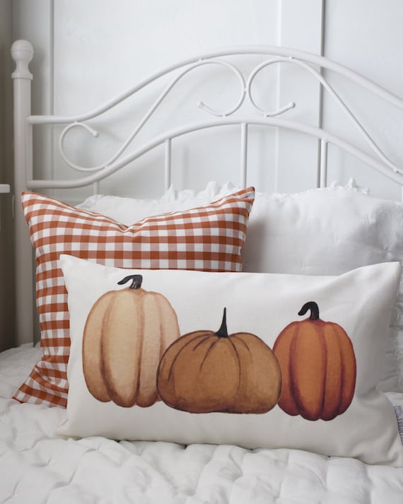 SALE-, Fall Pillow Cover, Pumpkin Patch, Fall Decor, Front porch pillow, 12x20, watercolor pumpkin, pumpkin pillow, fall pillow