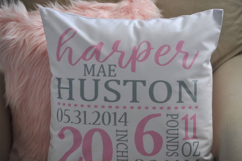 baby girl birth pillow Personalized birth pillow cover pink and gray birth pillow cover birth Announcement pillow cover