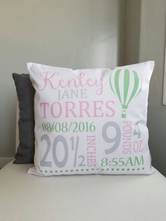 Personalized birth pillow cover, birth Announcement pillow cover, birth pillow cover, baby girl birth pillow, hot air balloon, 18x18