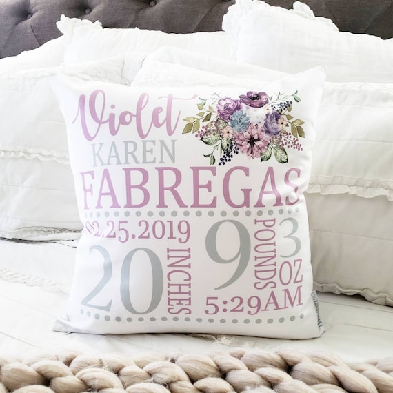 Personalized birth pillow cover, birth Announcement pillow cover, birth pillow cover, baby girl birth pillow, lavender and gray